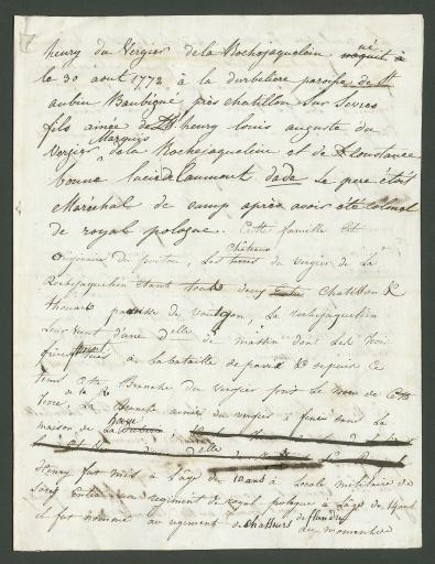 Notes autographes de Victoire de Donnissan, marquise de La Rochejaquelein, destinées à Prosper de Barante pour la rédaction de ses mémoires.